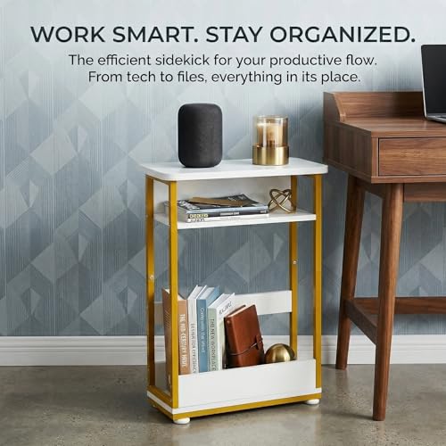 Narrow Side Table,3-Tier Slim End Table with Storage Shelf,Modern Sofa Table Thin Side Table for Small Spaces, Skinny Bedside Table Small Nightstand with Magazine Rack Space Saving/White+Gold - color: White+gold