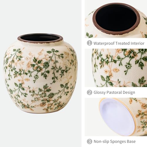 for Mom from Daughter or Son, Vintage Green Round Pastoral Ceramic Vase 6.7”, Ice Cracked Chinoiserie Floral Vase, Rustic Decor for Living Room, Bookshelf, Office, Table Centerpiece - color: 07-green and Beige