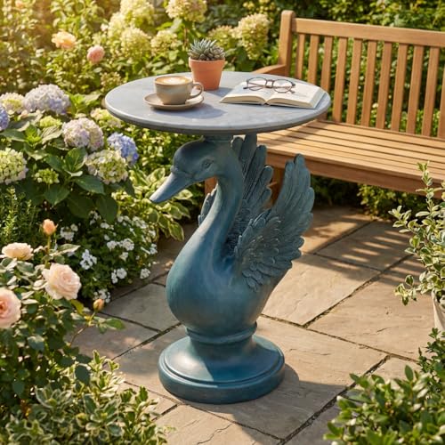 Luxurious Swan Side Table - 20" Premium Faux Marble Accent Table with Hand-Finished Resin Swan Statue Base - High-End Round End Table for Upscale Living Room, Master Suite - Tool-Free - color: Blue Swan