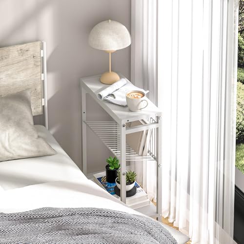 End Table for Small Space, 3-Tier Narrow Side Table with Magazine Holder,Small Nightstand, Skinny Snack Couch Table in Living Room, Bedroom Study and Balcony (White) - color: White