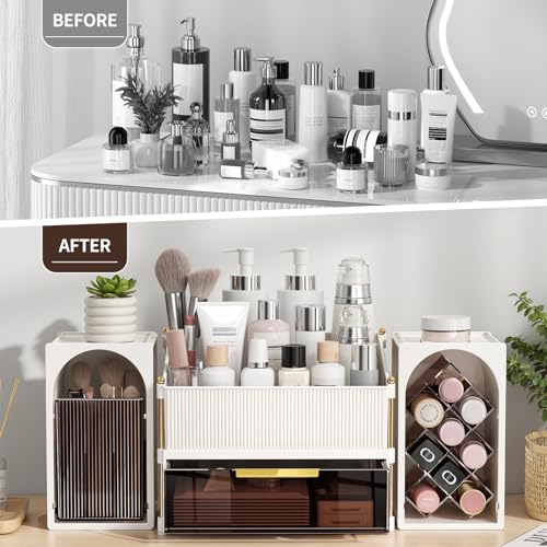 INVSSENE Stackable Makeup Organizer Countertop, Storage Perfume Skincare Cosmetic Lipstick Face Mask Makeup Brush Palettes, Ideal for Vanity Bathroom Counter - color: 3516 White+Coffee