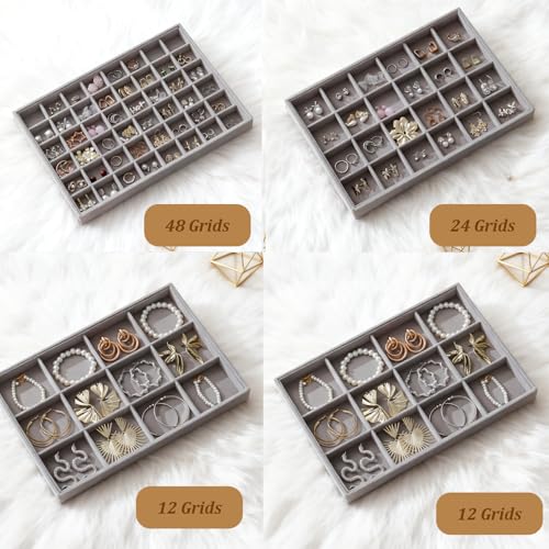 Large Jewelry Drawer Organizer Trays Set of 4, Stackable Velvet Jewelry Trays Organizer Holder Display Storage Showcase for Earring Necklace Bracelet Ring Accessary (Gray, 12+12+24+48 Grids) - color: Gray, size: 12+12+24+48 Grids