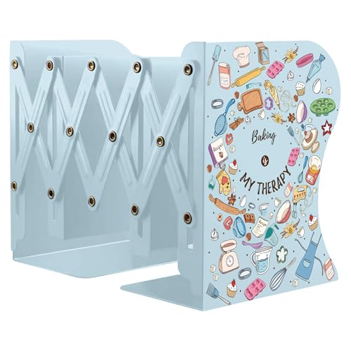 Cookbook Bookends, Kitchen Bookends, Adjustable Metal Book Ends for Shelves Decorative, Unique Design for Heavy Books, Non-Skid Book Holder for Kitchen Housewarming Cooking Lover Gifts (Blue 1) - color: Blue 1