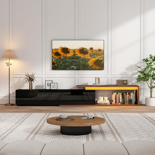Extendable TV Stand with LED Light, Modern Entertainment Center for up to 120 Inch TV, Wood TV Media Console with 2 Drawers & 2 Cabinets for Living Room Bedroom, 75"-110", High Gloss Black & Walnut - color: High Gloss Black & Walnut
