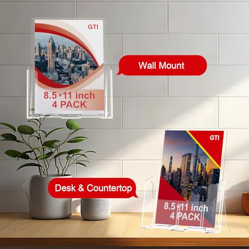 GTI Acrylic Brochure Holder 8.5 x 11 inch, 4 Packs Brochure Display Stand for 4’’ Trifold Pages, Clear Flyer Display Holder for Magazine, Pamphlet, Booklets, Menu,Journals