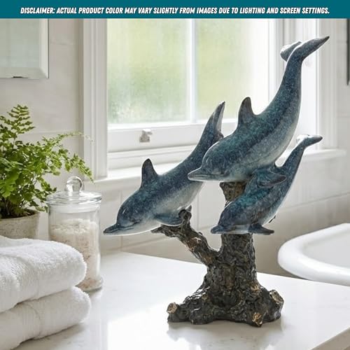 Dolphin Statue - Triple Dolphins Swimming Figurine Coastal Home Decor Tabletop Collection (Aqua) - color: Aqua