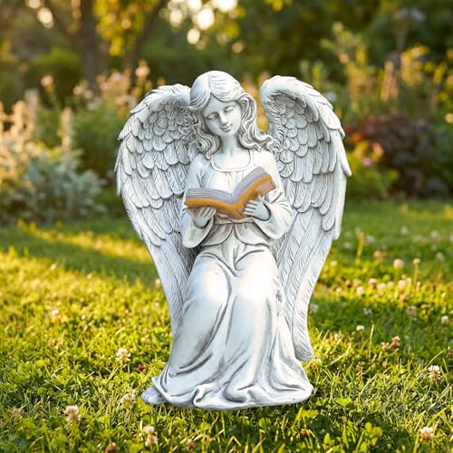 Angel Statue Outdoor Decor, Elegant Angel Garden Statues Reading Book with Solar LED Lights Yard Decorations Lawn Ornaments Figurines Resin Sculpture for Outside, Angel Gardening Gifts - style: Ancient Book