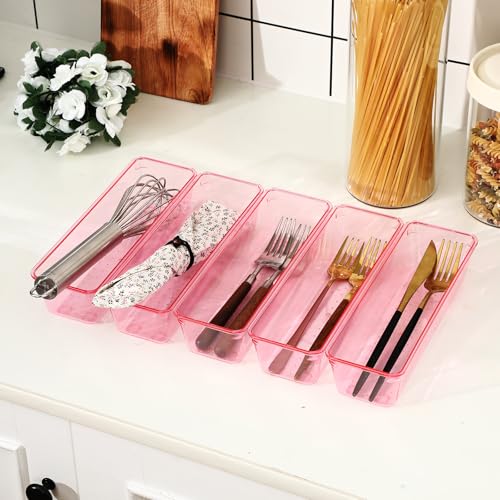 Maitys 12 Pcs Clear Drawer Organizer 9 x 3 x 2 Inches Plastic Rectangle Trays Makeup Vanity Storage Bins and Kitchen Drawers Dividers for Office Desk Silverware Kitchen Utensils(Pink) - color: Pink, size: 9 x 3 x 2 Inches
