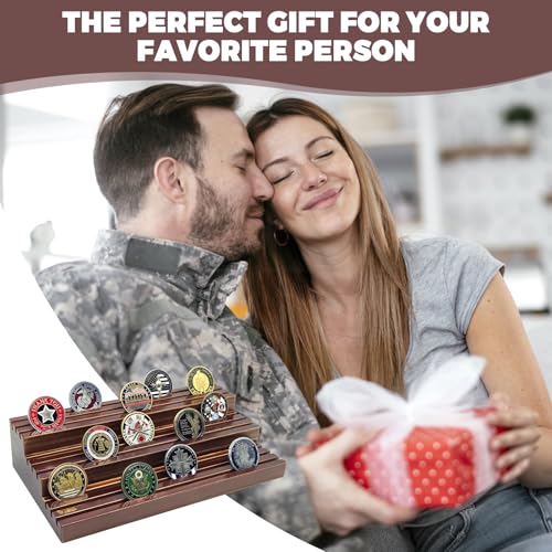 Challenge Coin Display Stand, Solid Wood Military Coin Holder Display, 9 Rows of Challenge Coin Holders, Holds 45-60 Coins