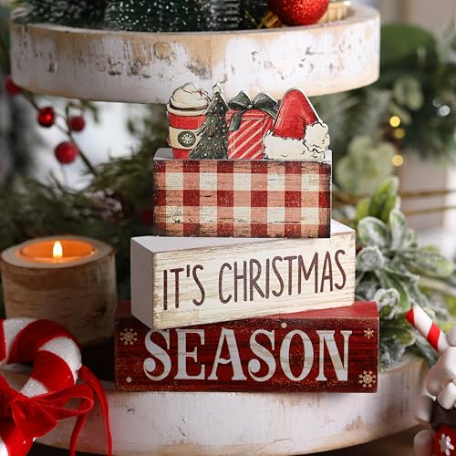 Lineshading 4 Pcs Christmas Table Decoration Wooden Hot Cocoa Santa Hat Decorations Christmas Tiered Tray Decor Winter Centerpiece Decorative Santa Hat Hot Cocoa Gift Box Tree Block Signs for Home - style: Christmas