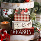 Lineshading 4 Pcs Christmas Table Decoration Wooden Hot Cocoa Santa Hat Decorations Christmas Tiered Tray Decor Winter Centerpiece Decorative Santa Hat Hot Cocoa Gift Box Tree Block Signs for Home - style: Christmas
