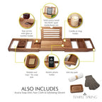 Temple Spring Acacia Wood Bathtub Tray Caddy for Tub — Expandable Bath Tray with Solid Book Stand Wine Holder and Non-Slip Pads — Includes Soap Dish and Spa Accessories — Luxury Hardwood Bath Gift Set - color: Acacia Wood
