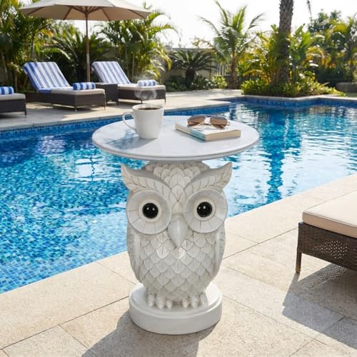 Luxurious Owl Side Table - 20" Premium Faux Marble Top Accent Table with Hand-Detailed Resin Owl Statue Base - High-End Round End Table for Study, Library, Nightstand - Tool-Free - color: White Owl