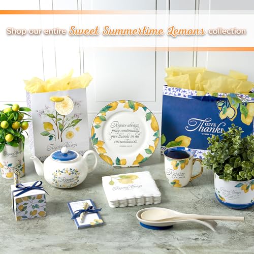 Christian Art Gifts Small White Ceramic Table Vase for Flowers & Plants: Rejoice Always Inspirational Scripture Home Décor, Kitchen, Bathroom, Living Room, Yellow Lemon, Green Leaves & Gold, 5" x 3.2"