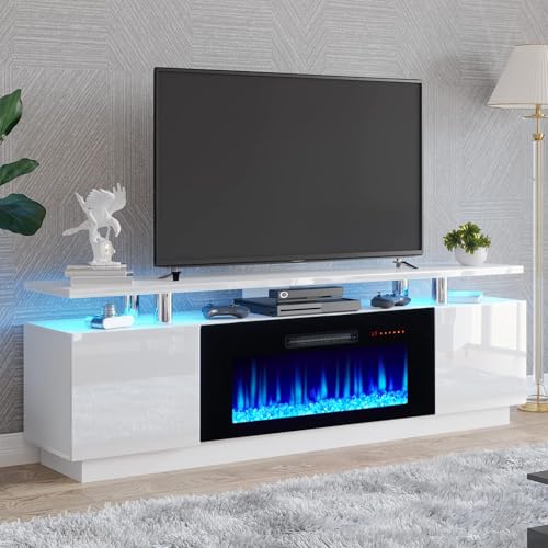 AMERLIFE Fireplace TV Stand with 36" Fireplace, 70" Modern Fireplace Entertainment Center LED Lights, 2 Tier TV Console Cabinet for TVs Up to 80", Ivory White - color: White & Black, size: 70"