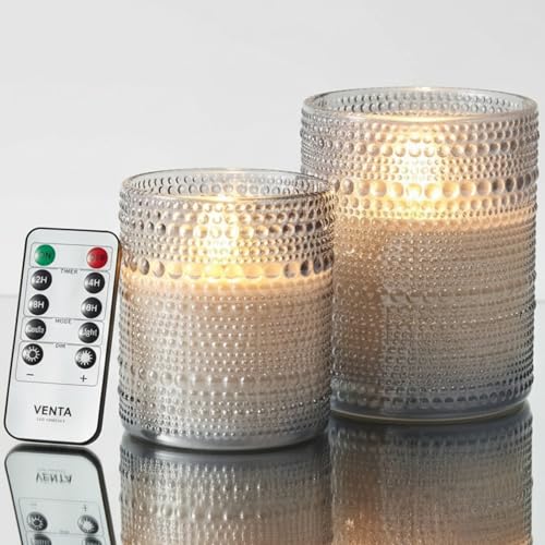 VENTA Stunning Grey Dotted Glass Flameless Candles 2-Pack with Realistic Flickering Glow | Includes Remote & Timer | Battery Operated LED Set for a Cozy & Chic Home Decor Accent - color: Shevron Glass Grey