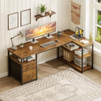 AODK 55 inch L Shaped Computer Desk with Drawers, Reversible Computer Desk with Storage Shelves, Home Office Desk with Built-in Power Outlet, Rustic Brown - color: Rustic Brown, size: 55 Inch