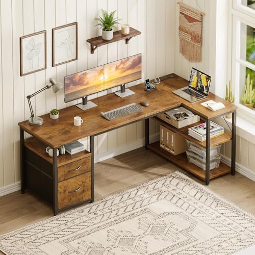 AODK 55 inch L Shaped Computer Desk with Drawers, Reversible Computer Desk with Storage Shelves, Home Office Desk with Built-in Power Outlet, Rustic Brown - color: Rustic Brown, size: 55 Inch