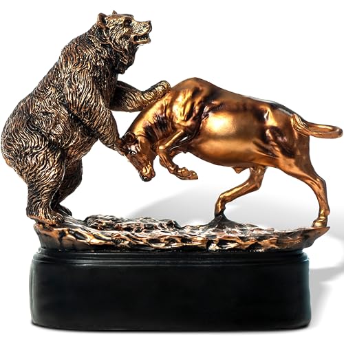 MEPERPER Bull and Bear Statue, Wall Street Bull Figurine, 9x9.5 Stock Market Decor Sculpture, Resin with Bronze-Like Finish, Finance Gifts for Traders and Investors