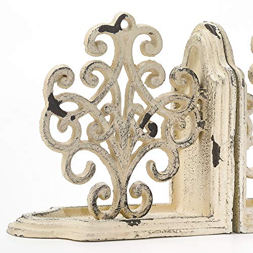 Heavy Duty Book Ends Set of 2, Medallions Decorative Bookends, Cast Iron Book Ends for Shelves, Shabby Chic White.