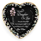 Personalized Jewelry Dish for Daughter in Law, Ceramic Trinket-Dish Heart Shape Ring Holder, Mother in Law Gift, Sentimental Keepsake Tray, Birth Floral Jewelry Organizer - color: Daughter In Law 127