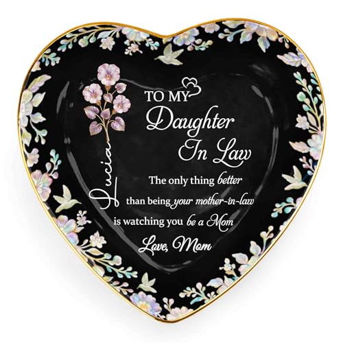 Personalized Jewelry Dish for Daughter in Law, Ceramic Trinket-Dish Heart Shape Ring Holder, Mother in Law Gift, Sentimental Keepsake Tray, Birth Floral Jewelry Organizer - color: Daughter In Law 127