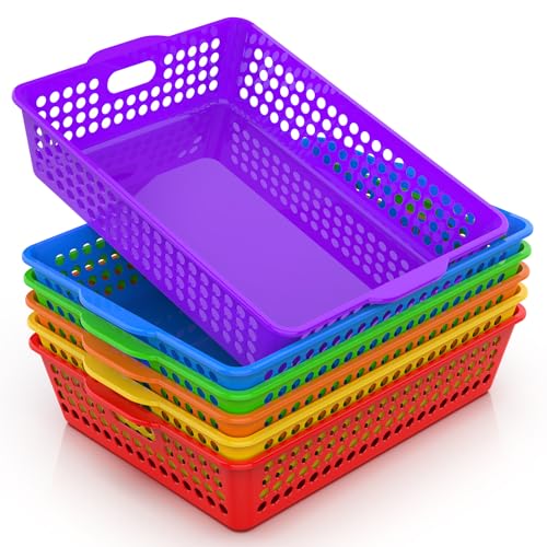 QRRICA 6 Pack Plastic Classroom Storage Baskets, Paper Trays for Classroom Organization & Turn in Trays for Teachers, Students, Desk Organizer Bin 13.8x10.6x3.1 Inch (Rainbow) - color: Rainbow