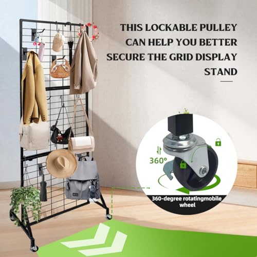 Heavy Duty Foldable Grid Wall Panels Display Stand 6FT x 2FT, 1-Pack Grid Panel Wire Grid Display Rack with Braked Wheels & 20 Hooks, No Tools Setup Gridwall for Art Fairs, Craft Shows & Home Storage