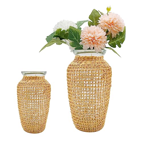 MDEOOSKY Straw Woven Glass Vase 7.9''x2.36''x3.5''Boho Glass Flower Vase Country Rustic Style Vase Glass Vase for Floral Arrangements Bottle Height (A Style 7.9IN) - size: 7.9IN