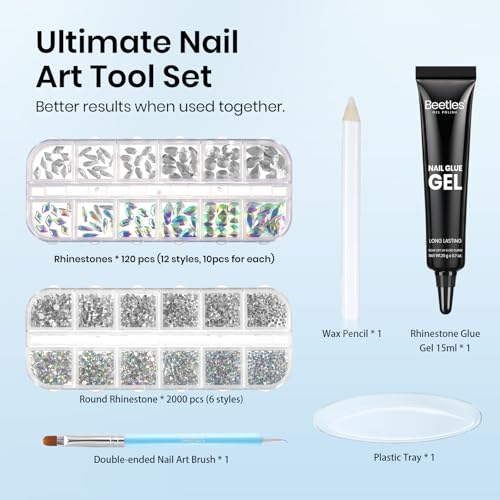 Beetles Gel Polish Nail Glue with Nail Gems Set, 15ml Nail Rhinestone Glue &120+2000Pcs Crystal Glass AB Rhinestones For Nails art, Nail Gems with Double-Ended Clean Up Nail Brush Gifts for Girls - color: 0-6-Nail Art Glue & Rhinestones Set