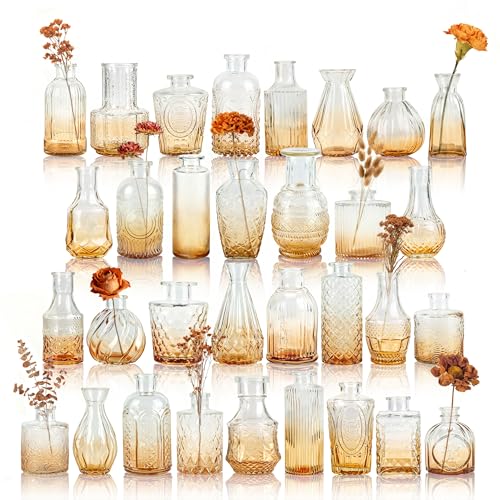 Der Rose Glass Bud Vases Set of 32 Small Amber Flower Vases for Rustic Wedding Centerpieces Table Decorations and Home Office Decor(Amber) - color: Amber