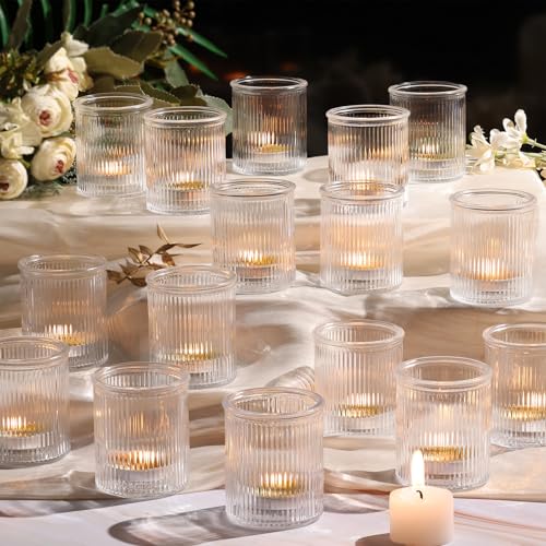 NITIME 32Pcs Ribbed Votive Candle Holders, Clear Tea Light Candle Holder for Wedding Table Decor, Glass Candle Holder for Bridal Shower Decor, Home and Holiday Decor - color: Clear