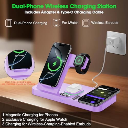 Dual Phone Wireless Charging Station for Apple Devices, Magnetic Charging Station for iPhone with Auto Switch 7-Color Light&Clock,Family Watch Charger for iPhone17 for iWatch11for AirPods Pro3(Lilac - color: Lilac