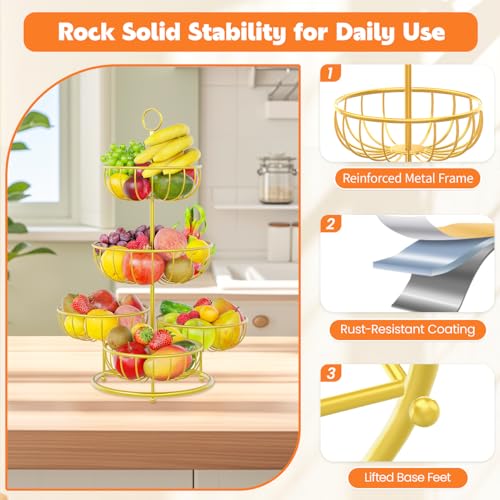 PouHenier.jh 5 Tier Fruit Basket Stand for Counter, Kitchen Tall Tiered Fruit Bowl Organizer for Dining Table Countertop, Multi Level Fresh Produce and Vegetable Holder Rack, Sturdy Metal Wire, Gold