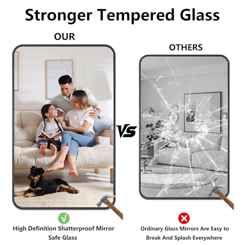 Koonmi Bathroom Mirror, 30X48 Brushed Black Metal Framed Wall-Mounted Mirror for Over Sink, HD Tempered Glass, Anti-Rust, Rounded Rectangle Mirror for Restroom, Bedroom, Hangs Horizontal or Vertical - color: Rounded Edged, size: 48"L x 30"W