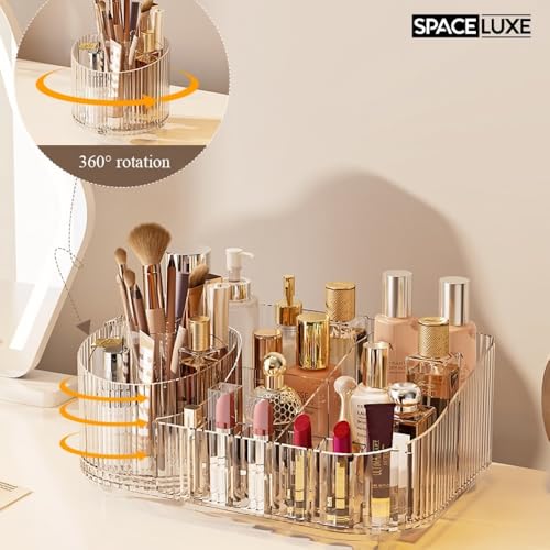 Makeup Organizer with Drawers and 360° Rotating Brush Holder, Large Capacity Cosmetic Storage for Vanity, Skincare, Perfume, Hair Accessories, Lipstick & Jewelry (Clear, 2-layer) - color: Clear, size: 2-layer