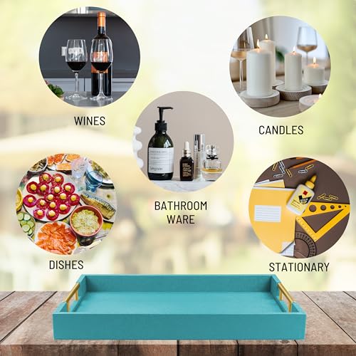 17" x 12" Wood Serving Tray with Gold Polished Metal Handles, Home Decorative Wooden Rectangle Ottoman Leather Decor Platter Bathroom Vanity Tray for All Occasions Blue - color: Blue