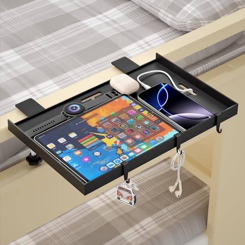 Foldable Bedside Shelf, Metal Clip-On Bed Tray Table for Bunk Bed & Dorm Beds, Dorm Room Essentials Organizer for College Students, Floating Tray, Space Saving Nightstand for Loft Beds (Black, Large) - color: Black, size: Large