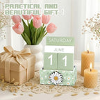 AceOrbit Green Daisy Flower Wood Block Perpetual Calendar Coquettish Desk Decor Cute Month Week Date Display Decorative Block Calendar for Women Office Home Desk Gift for Women - style: Green Daisy