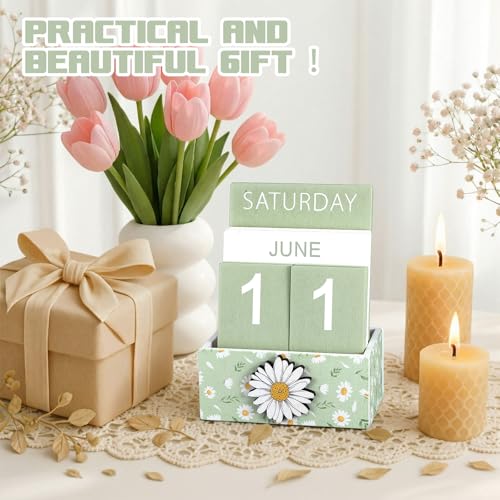 AceOrbit Green Daisy Flower Wood Block Perpetual Calendar Coquettish Desk Decor Cute Month Week Date Display Decorative Block Calendar for Women Office Home Desk Gift for Women - style: Green Daisy