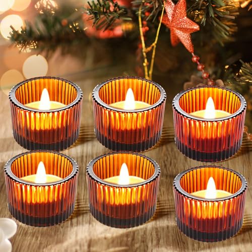 JOYIT Amber Votive Candle Holders Bulk Set of 6, Tealight Candle Holder for Wedding Table Centerpiece, Glass Small Candle Holders for Birthday Party, Valentine's Day, Home Decor (2''X 1.4'') - color: Amber
