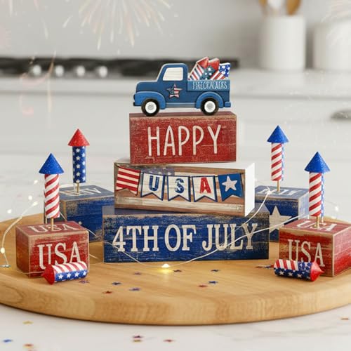 CroBlissful 4 Pcs 4th of July Decorations Patriotic Memorial Day Tabletop Decorations Red White Blue Table Centerpieces Sign for Office Tiered Tray Home Shelf 250th Anniversary(Happy Usa) - style: Happy Usa