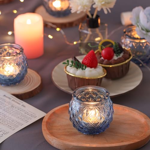 Generic DARJEN 12Pcs Blue Votive Candle Holders - Round Glass Candle Holders Bulk for Tea Light Candle, Diamond Texture Candle Votives for Wedding Centerpiece, Party & Home Decor