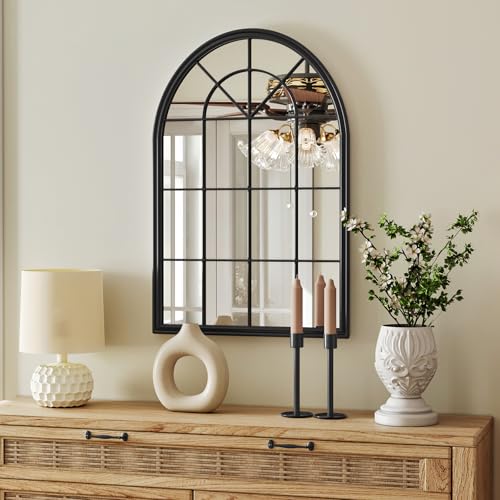 Arched Black Wall Mirror - 24"x36" Arch Window Pane Mirror for Wall Decor, Black Framed Wall Decorative Mirrors for Entryway, Living Room, Dining Room, Bedroom, Fireplace - color: Black 01- Window Pane