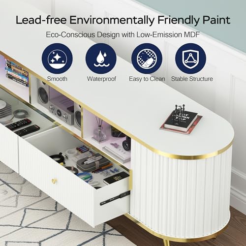 70 inch Fluted TV Stand, Luxury Modern TV Console & Media Entertainment Center for Living Room with Curved Profile, 2 Drawers, Storage Cabinet, and LED Lights, White, Holds TVs Up to 80"