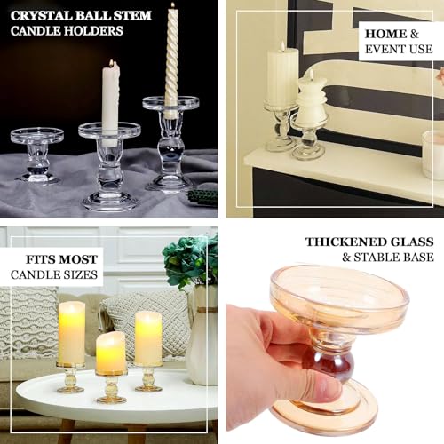 Efavormart Set of 3 Amber Gold Premium Glass Pillar Candle Holders with Round Candle Tray, Crystal Ball Stem Taper Candlestick Stands Tea Light Holders with Stable Base - 3.5",4.5",5.5" - color: Type10