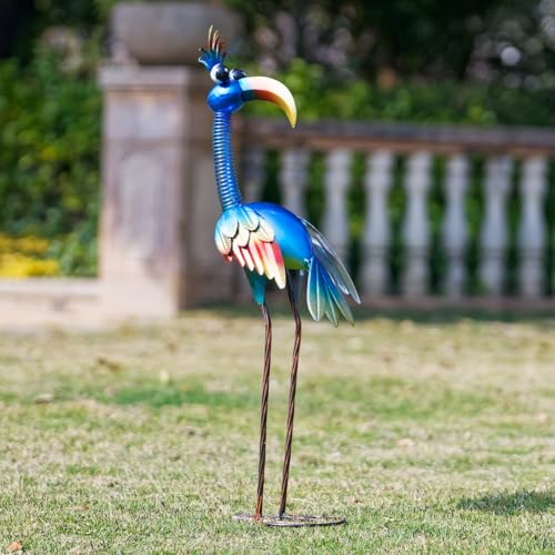 DREAMSOUL 30" Tall Bird Garden Statues Metal Standing Bird Outdoor Statues, 3D Funny Statue for Garden Patio Lawn - color: Blue
