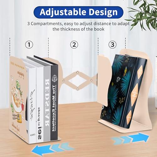 Cookbook Bookends, Kitchen Bookends, Adjustable Metal Book Ends for Shelves Decorative, Unique Design for Heavy Books, Non-Skid Book Holder for Kitchen Housewarming Cooking Lover Gifts (White 1) - color: White 1