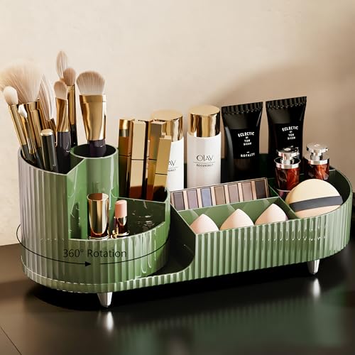 Rotating Makeup Organizer for Vanity with Brush Holder, Cosmetic Makeup Storage Organizer, Large Spinning Makeup Skincare Organizer, Countertop Makeup Perfume Organizer, Lotions Display Case Green - color: Green