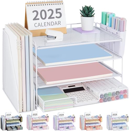 OPNICE Desk Organizer, 4-Tier Desktop File Organizer with Drawer and 2 Pen Holders, Office Desk Accessories, File Sorters, Workspace Organizers for Office Supplies(White) - color: White, size: 4-Tier